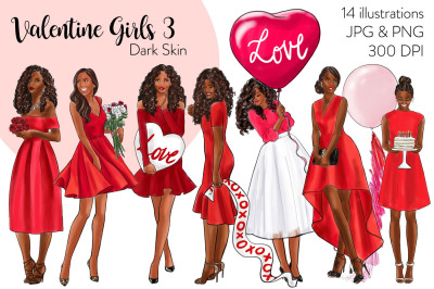 Watercolor Fashion Clipart - Valentine Girls 3 - Dark Skin