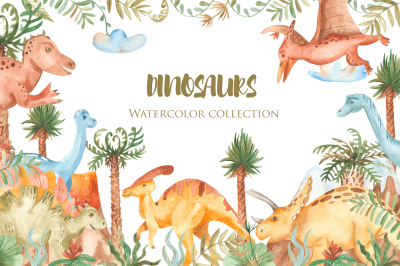 Dinosaurs, plants, palm trees, shells, mountains. Watercolor clipart