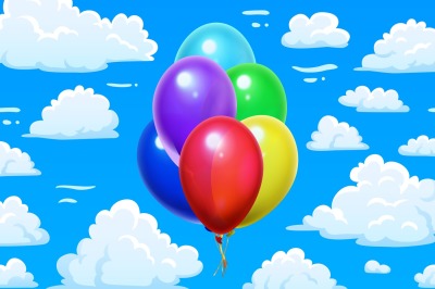 Bunch balloons in clouds. Cartoon blue cloudy sky and colorful 3d glos