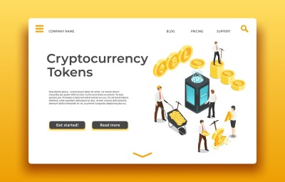 Blockchain and cryptocurrency landing page. Isometric people mining co