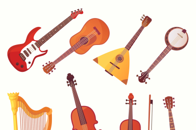 Cartoon musical instruments. Guitars music instrument vector collectio