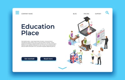 Education landing page. Isometric people learning with ebooks smatphon