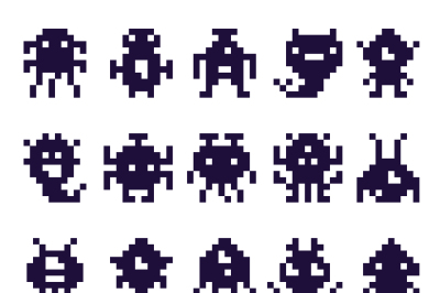 Pixel art invaders silhouette. Space invader monster game, pixels robo