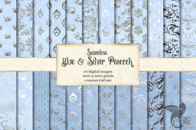 Blue and Silver Peacock Digital Paper