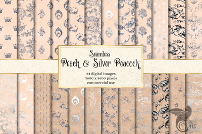 Peach and Silver Peacock Digital Paper