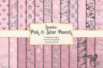 Pink and Silver Peacock Digital Paper