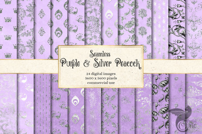 Purple and Silver Peacock Digital Paper