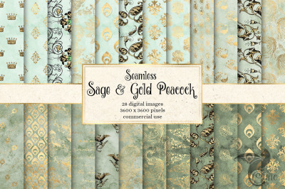 Sage and Gold Peacock Digital Paper