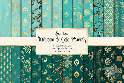 Turquoise & Gold Peacock Digital Paper