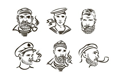 Hand drawn vintage hipster sailor with thick beard and pipe