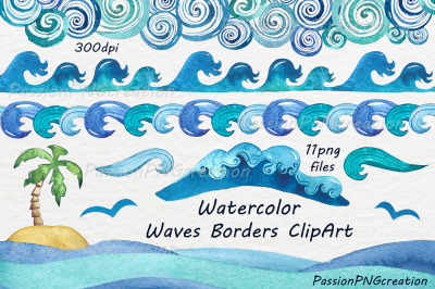 Watercolor Waves Borders Clipart