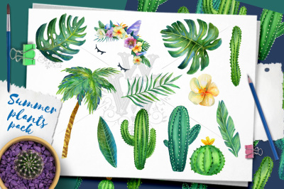 Watercolor Tropical leaves clipart, digital paper