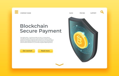 Blockchain secure payment landing page. Isometric shield vector web de