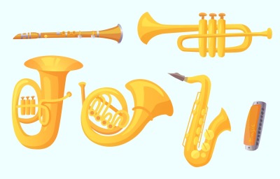 Cartoon trumpet. Winds musical instruments. Music instrument vector co