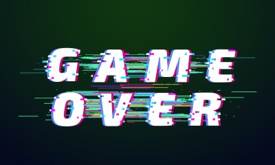 Glitch font. Game over distorted digital lettering screen. vector illu