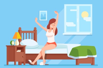 Lady wakes up morning. Lady is sitting on mattress cartoon vector conc