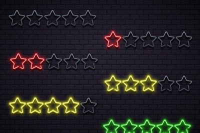 Neon five stars. Golden illuminated star neons lamps vector illustrati