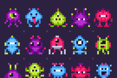 Pixel space monsters. Arcade video games robots, retro game invaders p