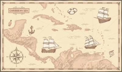 Old caribbean sea map. Ancient pirate routes, fantasy sea pirates ship