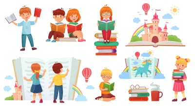 Kids reading book. Cartoon child library, happy kid read books and boo