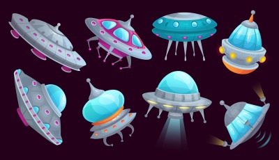 Cartoon ufo spaceship. Alien spacecraft futuristic vehicle, space inva