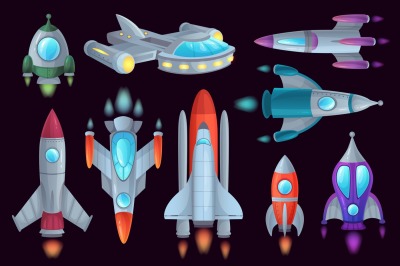 Cartoon rockets. Space rocketship, aerospace rocket and spacecraft shi