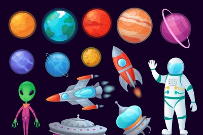 Space items. Alien ufo, universe planet and missile rockets. Planets g