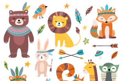 Funny tribal animals. Woodland baby animal, cute wild forest fox and j