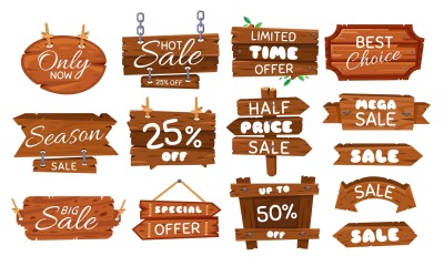 Wooden sale sticker. Season sales sign, wood board offer tag and vinta