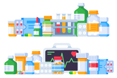 Medications. Medicine pills, pharmaceutical medication bottle and anti
