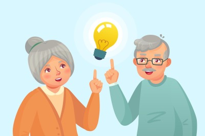 Seniors idea. Old people couple have idea, elderly senior thinking iss