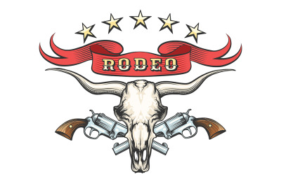 Rodeo Emblem with bull skull and revolvers