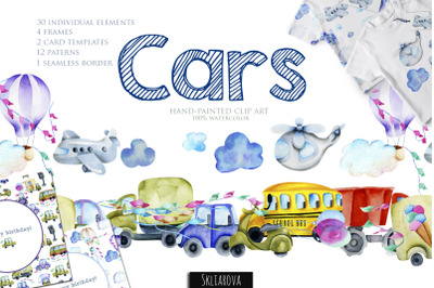 Cars. Watercolor clip art.