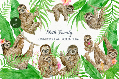 Watercolor clipart sloth family for instant download