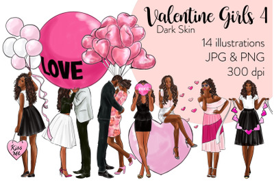 Watercolor Fashion Clipart - Valentine Girls 4 - Dark Skin