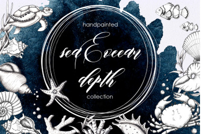 Ocean sea watercolor and graphic handpainted collection