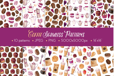 Coffee Watercolor Hand Painted Seamless Patterns