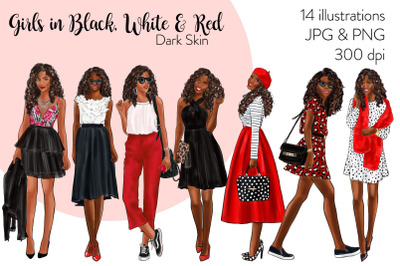 Watercolor Fashion Clipart - Girls in Black, White &amp; Red - Dark Skin