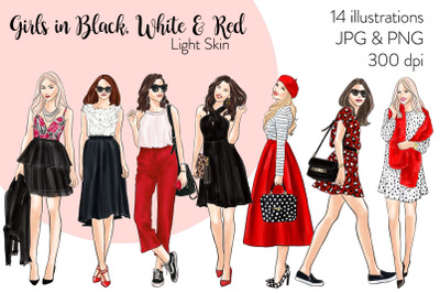Watercolor Fashion Clipart - Girls in Black, White &amp; Red - Light Skin