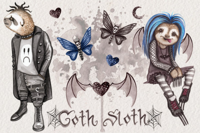 Goth Sloths Watercolor Clip Art