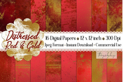 16 Distressed Red and Gold Artistic Painted Digital Papers