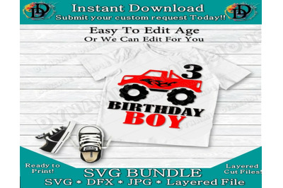 Birthday Boy SVG, Monster Truck SVG, Red Truck, 3rd Birthday, Happy Bi