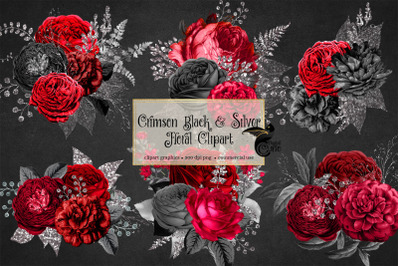 Crimson Black and Silver Floral Clipart