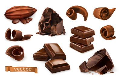 Chocolate pieces, shavings, spiral, cocoa fruit, 3d vector icons set