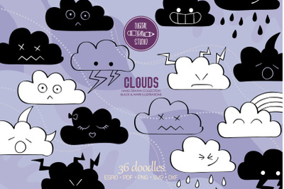 Clouds Kawaii | Hand Drawn Weather, Rainbow, Moon, Lightning