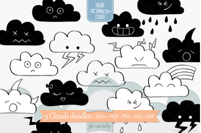 Clouds Kawaii | Hand Drawn Weather, Rainbow, Moon, Lightning