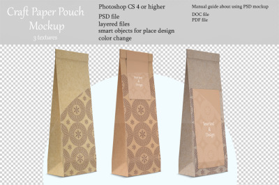 Packaging craft paper pouch mockup. Product place. PSD object mockup.