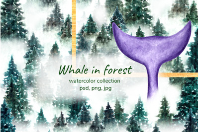 Watercolor whale in forest