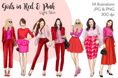 Watercolor Fashion Clipart - Girls in Red and Pink - Light Skin
