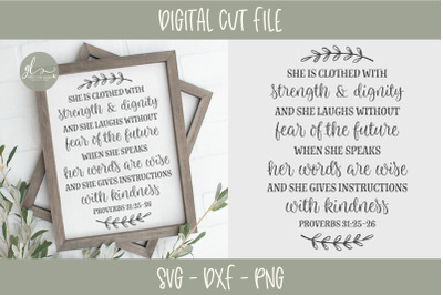 She Is Clothed With Strength &amp; Dignity - Scripture SVG Cut File